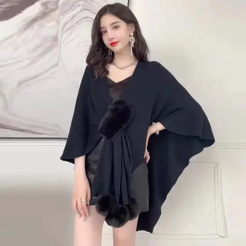 NEW Arrivals 5 Color High Quality Autumn Winter Warm Oversize Cloak Knitted Criss-Cross Poncho Capes Women Female Loose Faux Fur Ball Streetwear Cardigan Shawl Knitwear Girls Ladies Luxury Apparel Accessories Clothing Supplie
