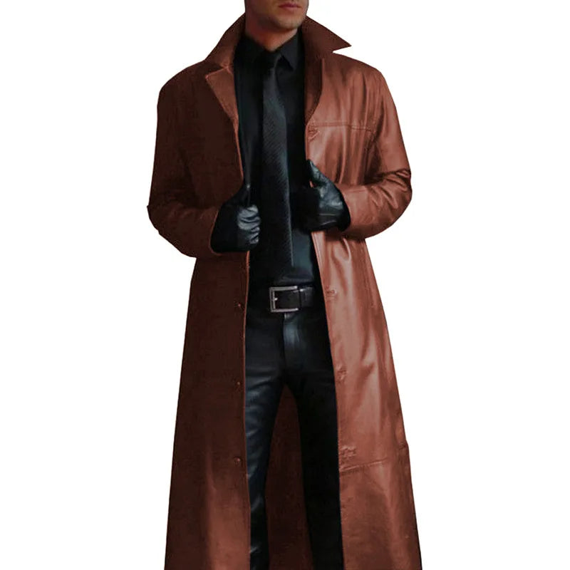 NEW Arrivals S-5XL Plus Size Men Jacket Turn-Down Collar Smooth PU Leather Men Fall Coat Windproof Streetwear Slim Fit Long Sleeve Men Trench Coat