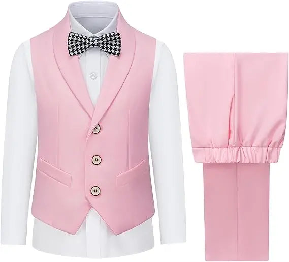 3 PCS Set 10 Colors Boys Kids Vest and Pants Set + Tie + Bowtie Formal Dress Suit Teen Boy Wedding Guest Evening Birthday Party Communion Outfit Kids Piano Host Performance Costume
