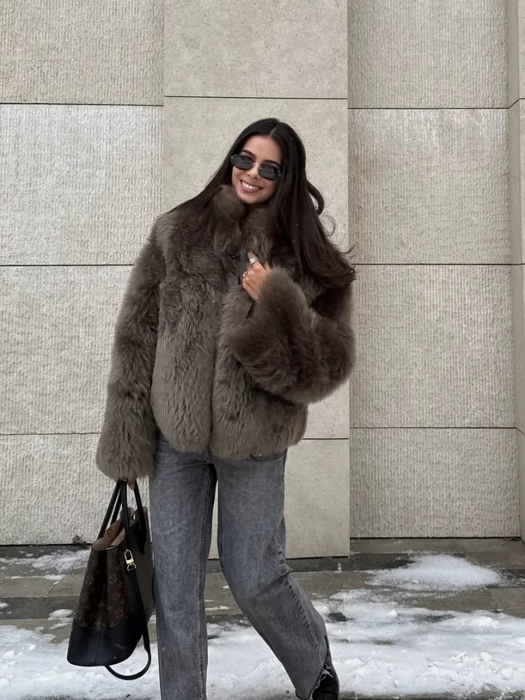 NEW Woman Brown Plush Fur Thick Coat Stand Up Collar Loose Short Jacket Lady Autumn Winter Casual Fashion Commuter Outwear