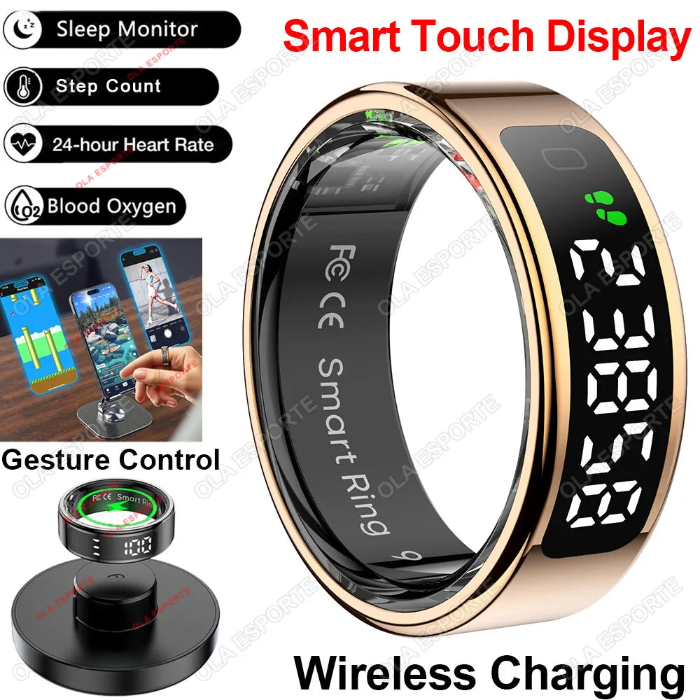 New Women Elderly Men Smart Ring with Wireless Charger Gesture Brush Tik-Tok Display Screen Health Monitoring IP68 5ATM Waterproof Rings Health Care Supplies