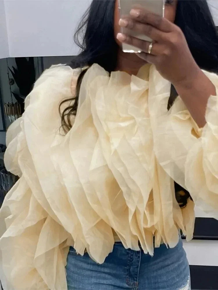 NEW S-3XL UK Plus Size Pink/Khaki Color Women Cascading Petal Chiffon Blouse Sexy Streetwear Cropped Top 2025 Summer Elegant Chic Shirt Ruffled Layered Puff Sleeve Outfits