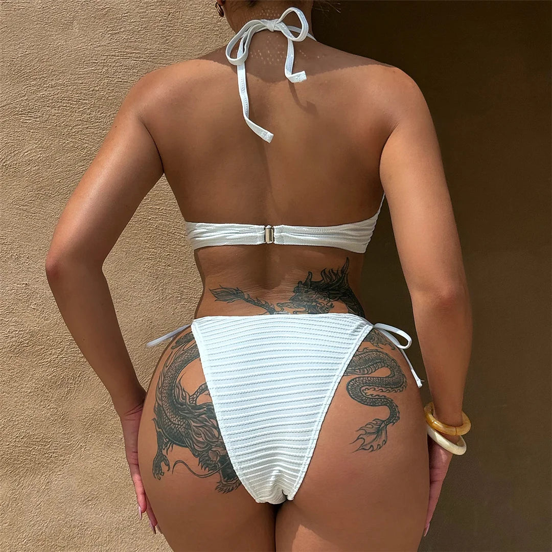 NEW 2PCS Set Halter Frilled Underwired Bra Cup Bikini Women White Swimwear Female Swimsuit Bikini Set Bather Bathing Suit Swim K5837