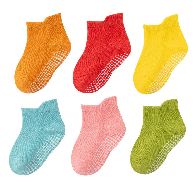 NEW 0-7Y 6 Pairs Set Lot Spring Autumn Newborn Kids Anti-Slip Cotton Socks Solid Color Soft Breathable Cotton Baby's Boat Socks Boys Girls Trampoline Socks