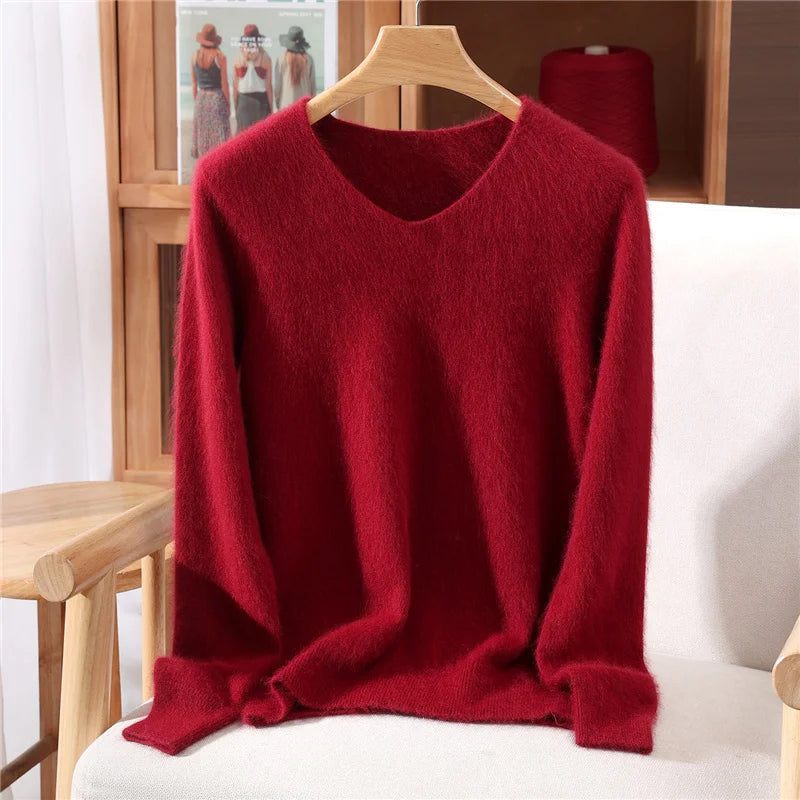 100% Mink Uzbekistan Cashmere 10 Colors S-3XL UK Plus Size Sweater Women's Autumn Winter New Style Solid Color V-Neck Knitted Top Quality Sweater Versatile Loose Base Top