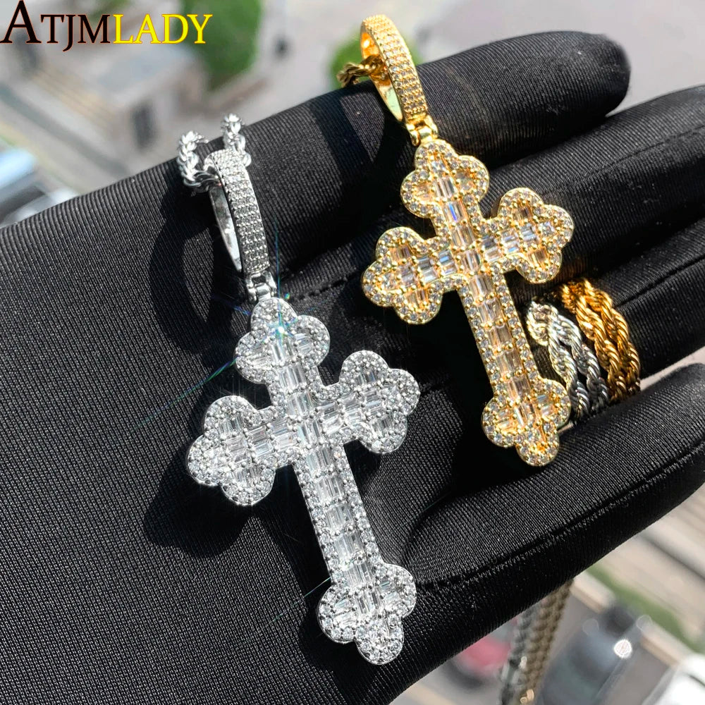 New Iced Out Cross Pendant Necklace For Women Men Bling Prong Setting Cubic Zirconia Cross Charm Luxury Hip Hop Fashion Jewelry Accessories.