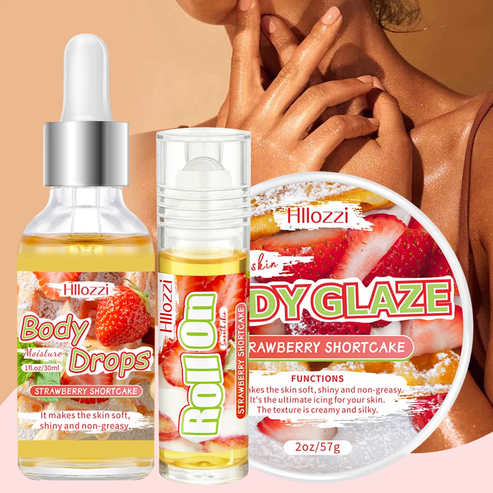 3 PCS Set Strawberry Set Includes 30 ml/1 FL OZ Body Drops and 2 oz/57 g or 8 OZ Body Glaze, Plus a Complimentary 5 ml/0.17 g Roll-On Skin Care Sets Korean Products