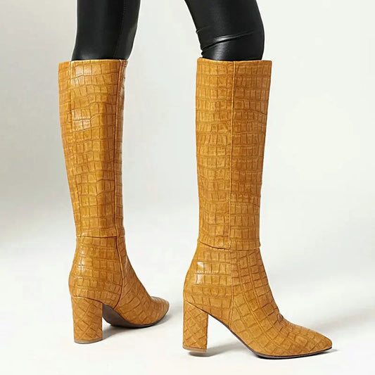 Yellow Navy Blue Crocodile PU Skin Leather Knee-high Riding Women Winter Shoes Block High Heels Western Boots