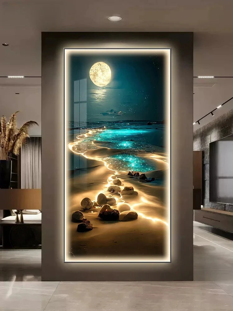 Entrance Decoration Light Painting Moon Corridor Hanging Painting Light Sea Home Living Room Mural Light Ocean Waves Wall Lamp
