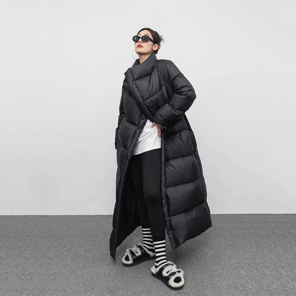NEW Arrivals S-2XL UK Size Black/Brown Winter Warm Windproof  Tibetan Large Lapel Long Down Jacket Overcoat Women 90 White Duck Down Loose Knee Length Bread Cotton Quilt Jacket Down Coat