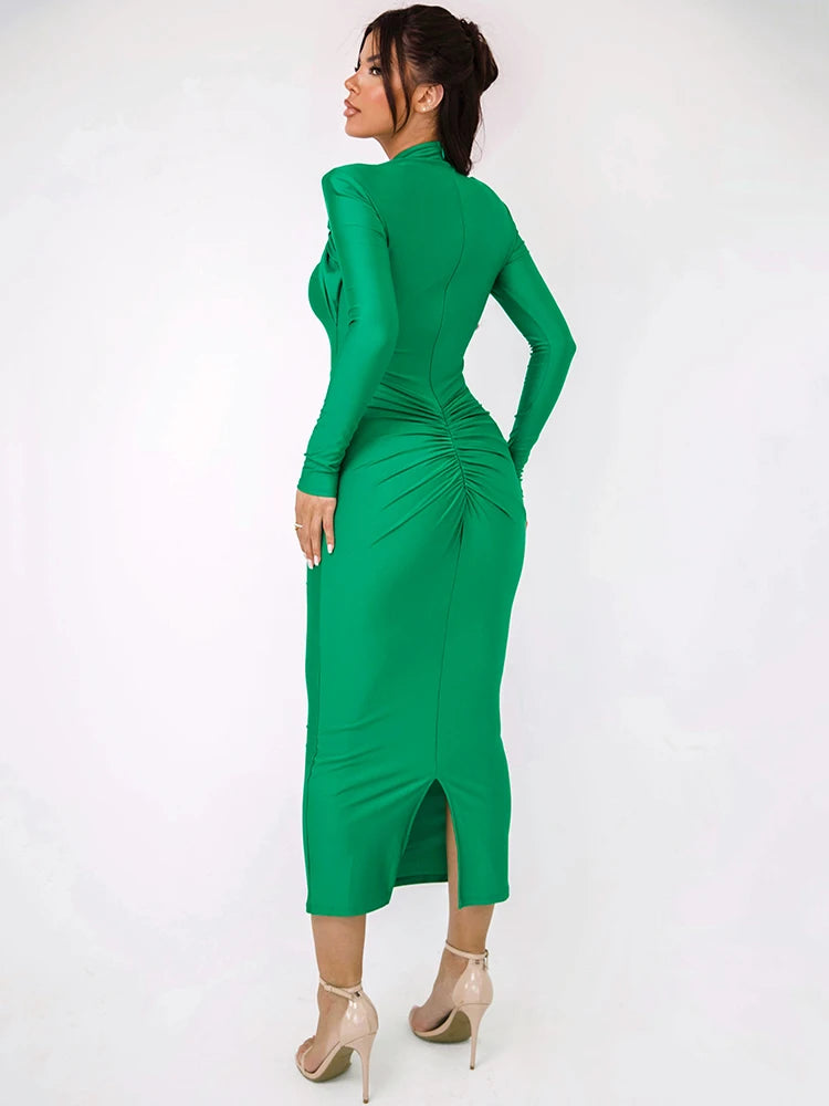 Luxury Hollow Out Long Sleeve Sexy Maxi Dress For Women Girls Gown Autumn Winter New Metal Buckle Ruched Slit Long Elegant Dress Evening Wedding Birthday Party Female Ladies Luxury Fashion Clothing Supplies
