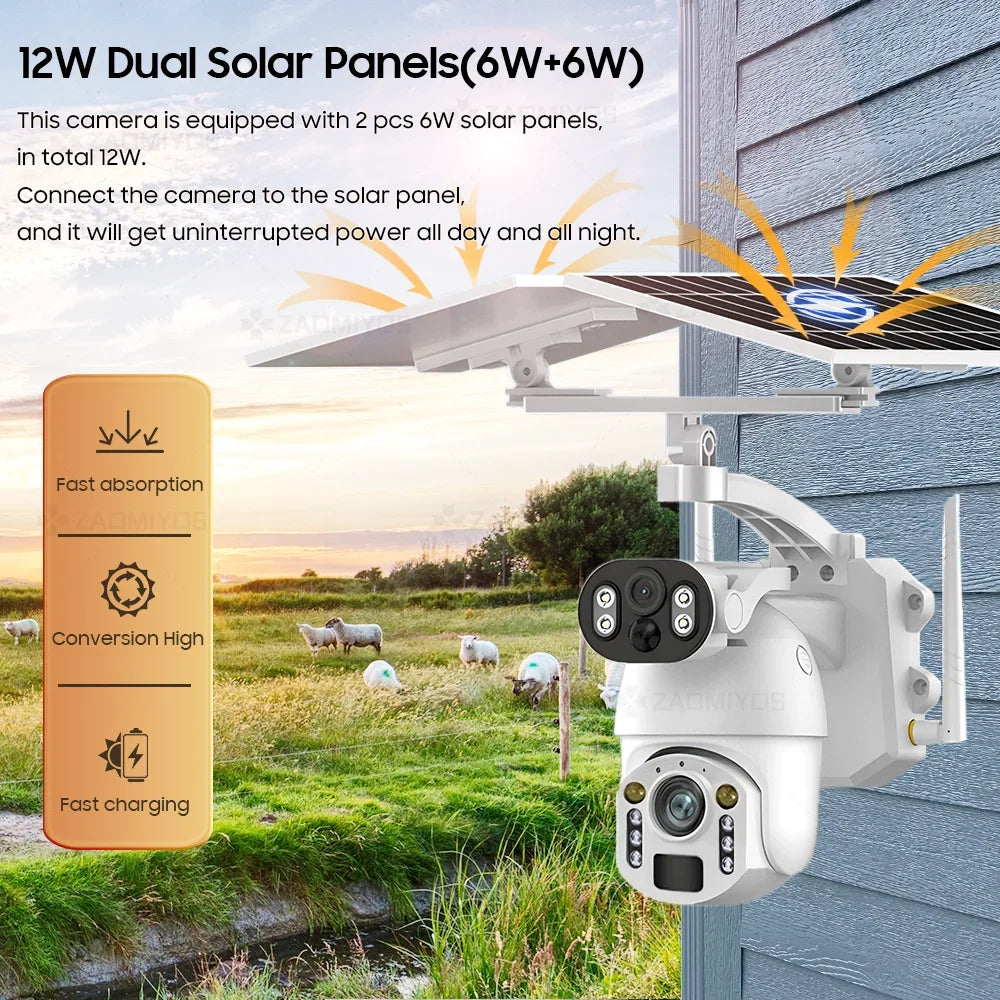 NEW 4K 8MP 50X Optical Zoom Solar Camera 4G Sim/Wi-Fi PTZ Dual Lens Recording Humanoid Tracking Outdoor Waterproof IP Security Camera Home Office Factory Anti-Burglary Systems