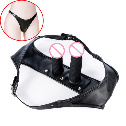 Leather Strap On Harness Panties Strap On Silicone Double Head Dildo Anal Butt Plug For Women Lesbian Masturbation Chastity Wearable Panties Sex Toys Supplies