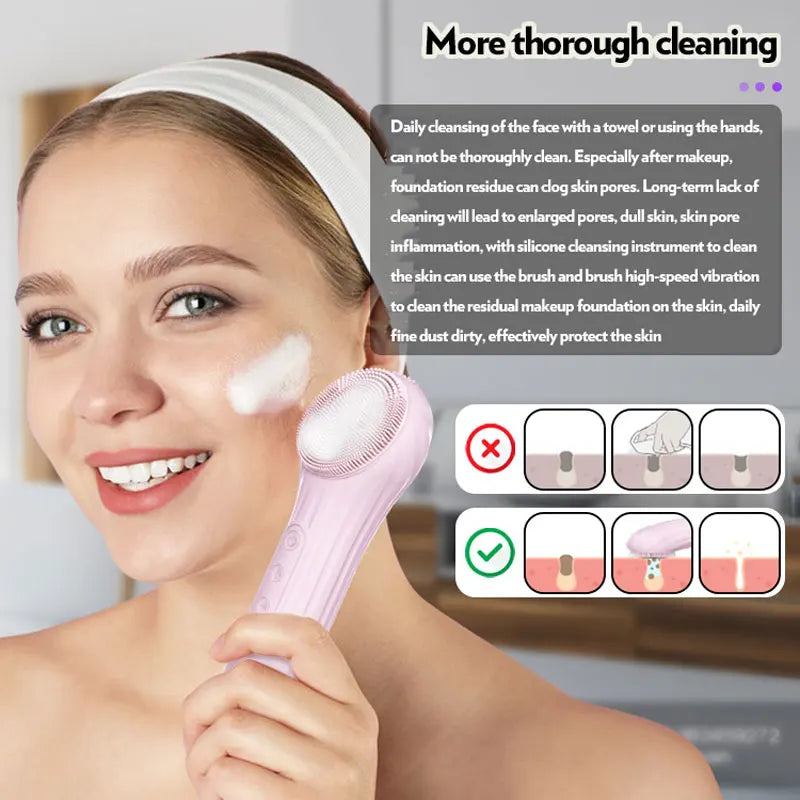 Silicon Sonic Facial Cleansing Brush For Face Waterproof Electric Vibration Heating Massage Deep Cleaning SPA Bathroom Tool