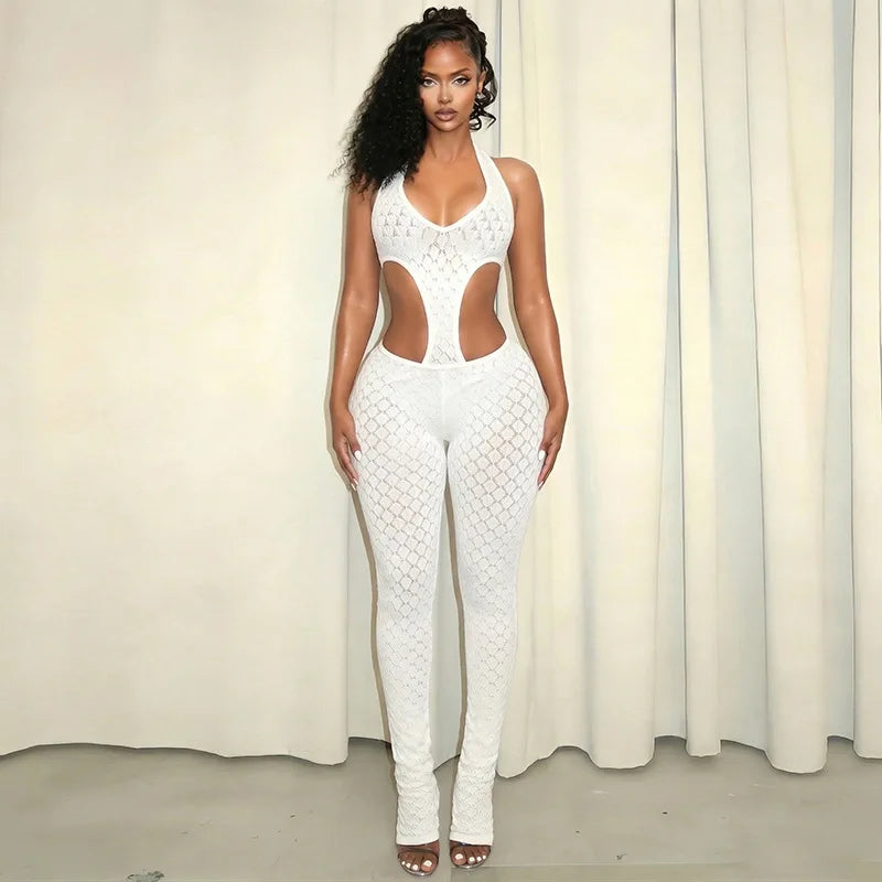 5 Colors Sexy See Through Jumpsuit Mesh Hollow Out Backless Halter Neck Rompers Summer Evening Beach Party Night Clubwear New Arrivals Women Clothes Streetwear Skinny Jumpsuits