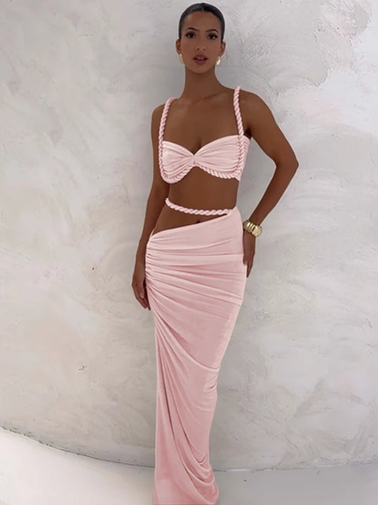 NEW 2PCS Set S-XL UK Size 12 Colors Italian Design Square Collar  Women Bra +Skinny Long Skirts Bandage Ruched  Summer Vacation Beach Party Trend Suits