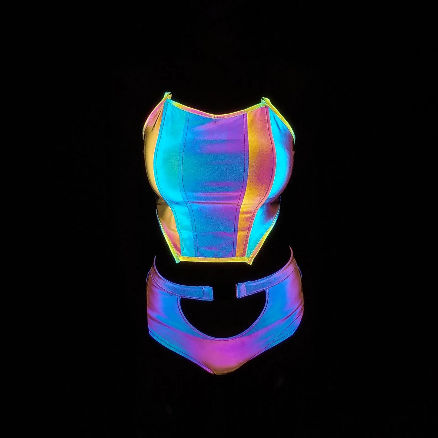 NEW Arrivals Reflective Lights Crop Top Women Female Bodycon Chain Halter Tank Luminous Tops Sexy Colorful Summer Evening Beach Rave Party Night Club Dance Tech-Wear Ladies Girls Luxury Fashion Clothing Accessories Supplies