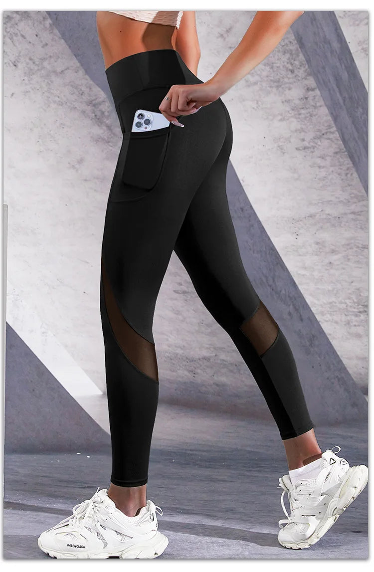 NEW Arrivals HOT Sales Black/Burgundy Pockets Mesh Leggings Stretchy Fitness Running High Waist Yoga Pants Women Sports GYM Legging Workout Leggings Fashion Sportwear Supplies