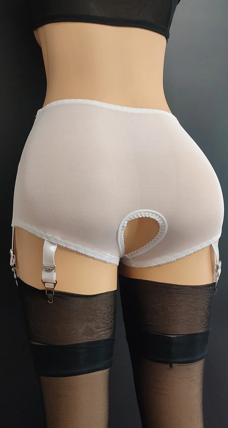 S-3XL Plus Size White/Black/Red Color Front/Back Open Crotch Panty Garter Belt for Stockings Lace Embroidery Sexy Mesh Suspenders Curvy Women Crotchless Garters Exotic Lingerie