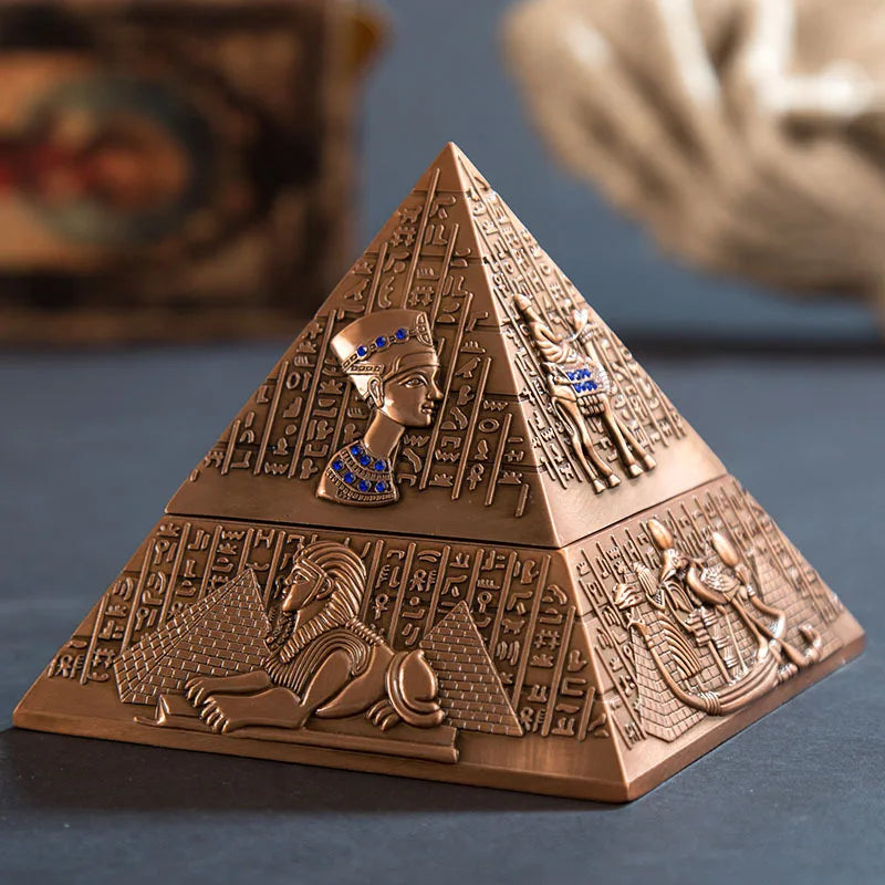 Egyptian Tutankhamun Pharaoh Bronzer Pyramid Metal Ashtray, Creative Candle Holder for Home Club Hotel KTV, European Style Decorative Sculpture