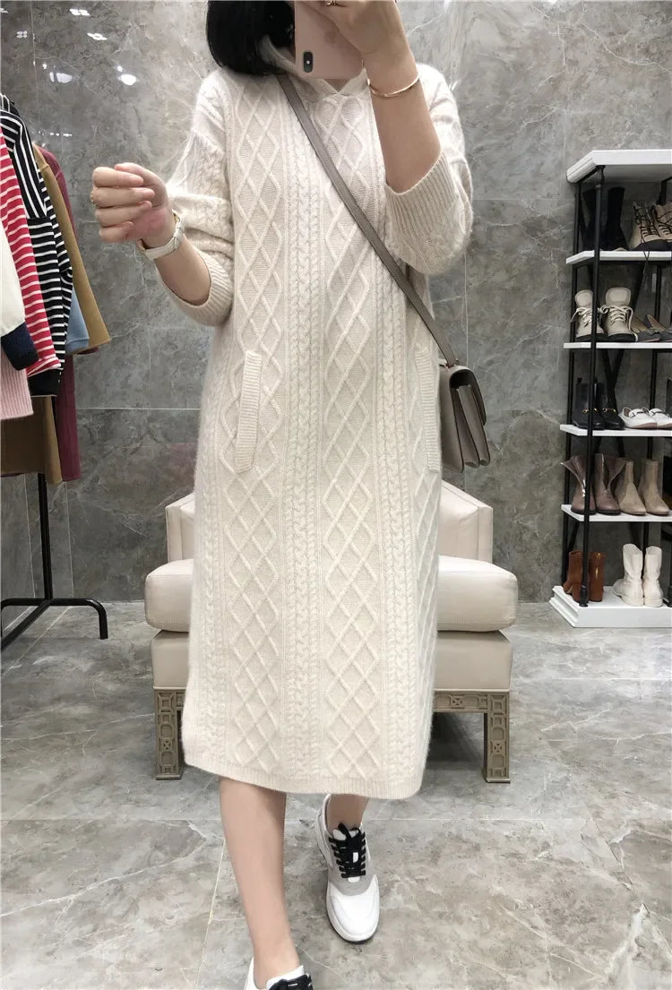 Pure Goat 100% Cashmere S-2XL Size Knee-Length Dress with Hoodie Knitted Bottoming for Autumn And Winter 100% Warm Comfortable Knitwear