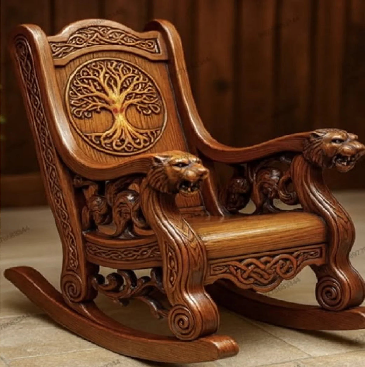 Home Villa Living Room Royal Luxury Ornate Wooden Rocking Chair with Elaborate Hand-Carved Details and Black Leather Upholstery Luxury Furniture Supplies