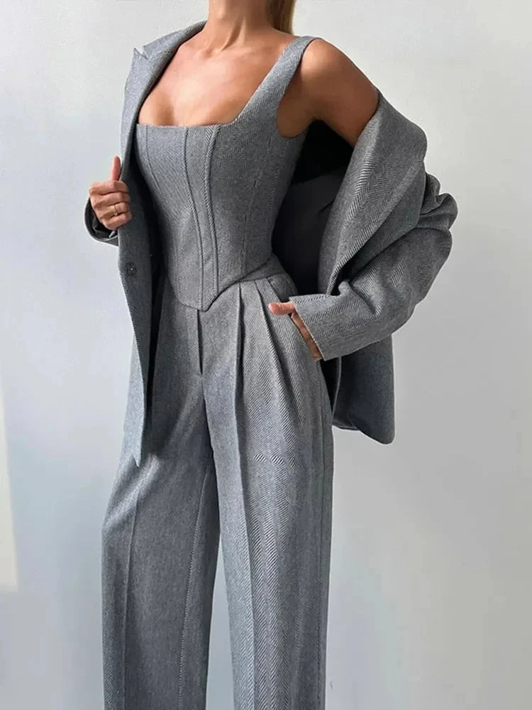 NEW Arrivals 3PCS Set UK Size Gray/Pink Color Luxury Women Top Blazer Pants Solid One Button Jacket Crop Tops High Waist Pocket Pant Evening Party Business Dinner Suit Office Lady Set