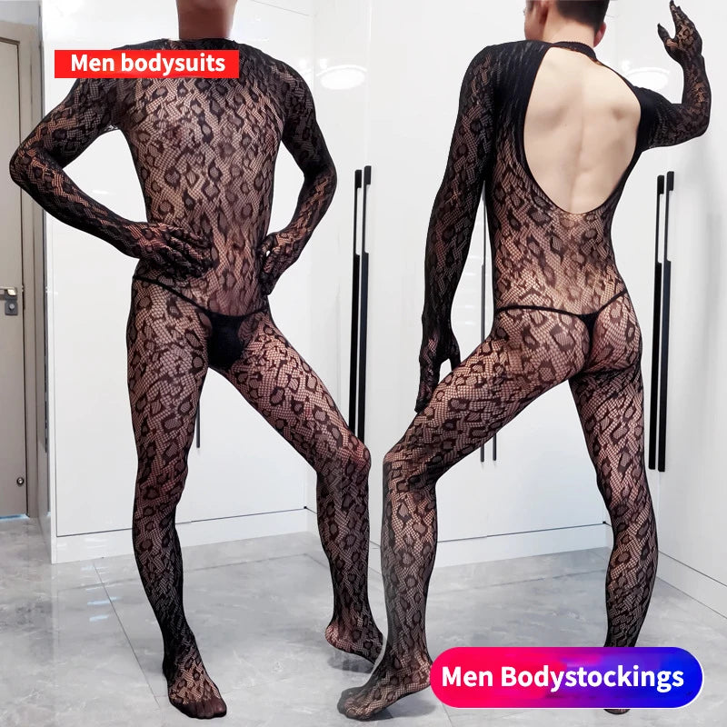 Men's Bodystockings Leopard Bodysuits Male Long Sleeved Gloves One-piece Lingerie Black Fishnet Pajamas Cool Gentlemen Sleepwear