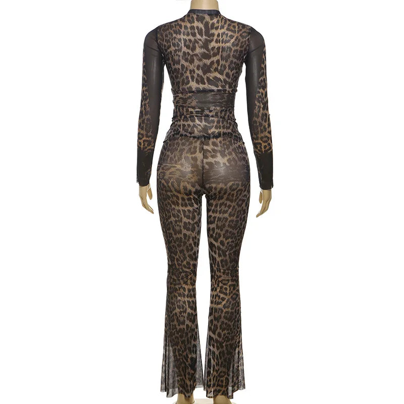 NEW Arrivals 2PCS Set Cheetah Women  Matching Long Sleeve O-Neck Crop Tees and High Waist Slim Pants Leopard Sets Sexy Female Evening Nightclub Party Outfits Girls Ladies Luxury Fashion Clothing Supplies