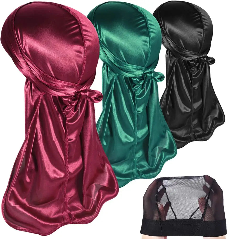 3 PCS Ice Silk Set Women Men Silky Durag Headwraps Durag With Free Waves Cap Durags Pack with Long Tail and Wide Straps Bandanas