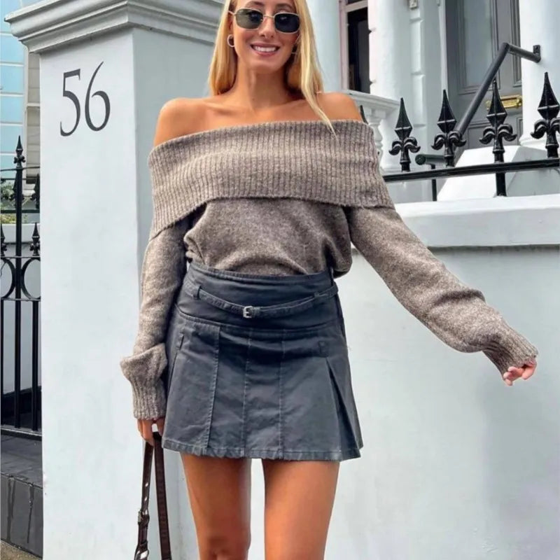 NEW Arrivals Retro Women's Elegant Slash Sweater Pullover Women's Chic Loose Knitted Casual Clothes Ladies Girls Casual Apparel Accessories Clothing Supplies