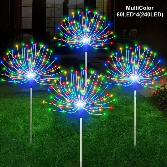 NEW Arrivals 4PCS Set Solar Garden Lights 200LED Waterproof Outdoor Lighting with Installation Hardware Firework Lights for Pathway Lawn Christmas Holiday Decoration Supplies