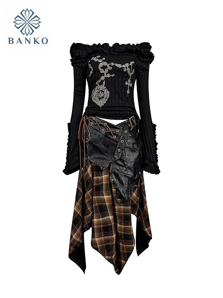 Sexy Punk Outfits Slash Neck Black Skirt  Jacquard + Patchwork Wrapped Hip Skirt Asymmetrical Coquette Gothic Clubwear