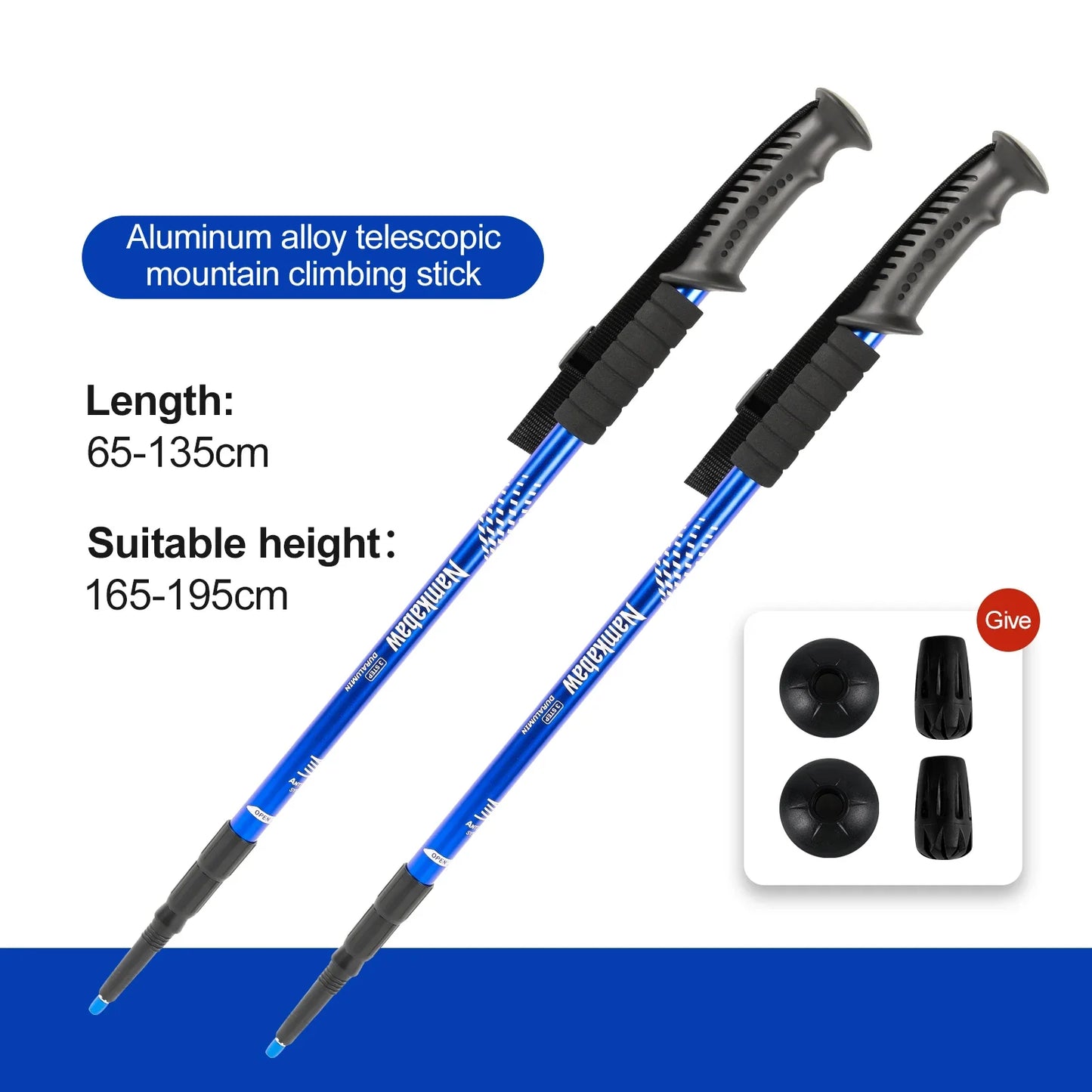 2 PCS Set 70-135cm (Length)Climbing Mountaineering Anti Shock Adjustable Hiking Trekking Poles Lightweight Aluminum Walking Sticks 3-Section Telescopic Non-Slip Iced Snow Hiking Camping Sport Activities Accessories