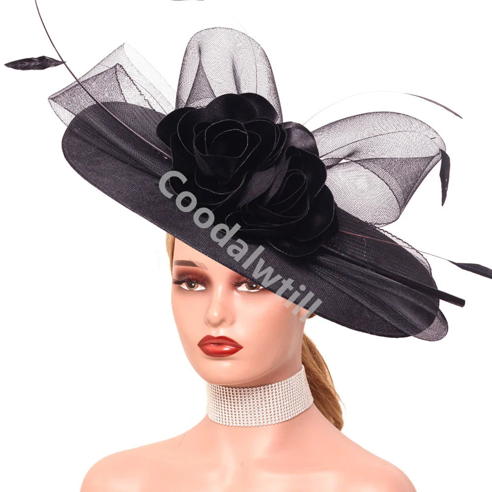 15 Colors Flower Big Royal Ascot Race Ladies Fascinator Luxury Hat Elegant Women Evening Wedding Party Business Dinner Opera Concert Red Carpet Headpiece Bride Wedding Headwear Apparel Accessories