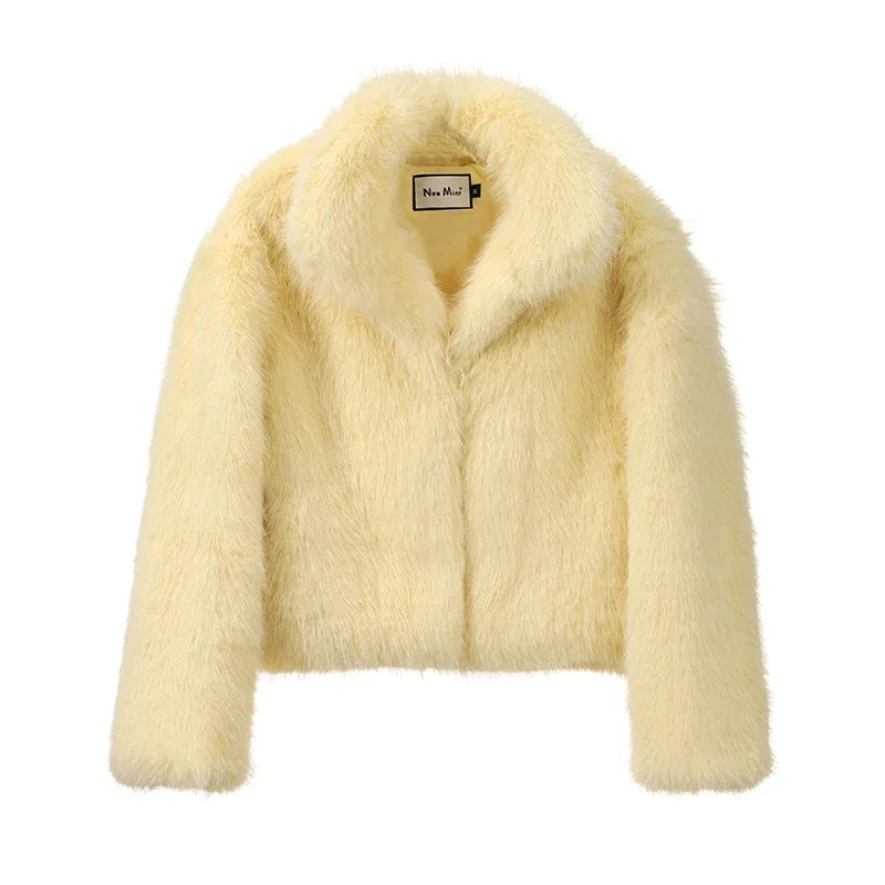 NEW Arrivals UK S-2XL Size White/Yellow Color Neo Mint Winter Women Yellow Faux Fur Jacket Chic Girls Fashion Streetwear Thicken Warm Stand Collar Fox Fur Coat Outerwear