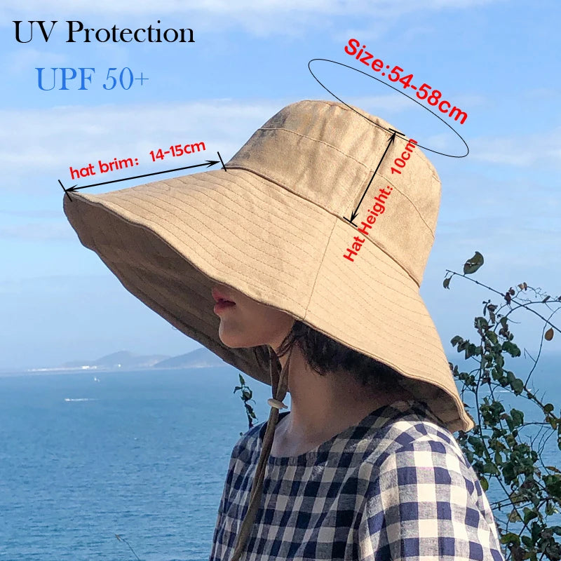 Summer Wide Brim Sun Hat Women's Foldable Travel Packable Bucket Hat Japanese UV Sunscreen Cotton Linen Beach Hat Fisherman Hat