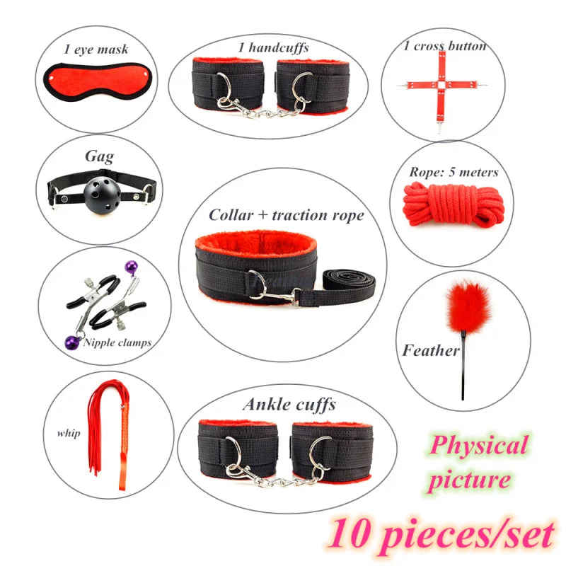 7/10/12 PCS Set  BDSM Bondage Set Adult SM Sex Products Sex Toys Kits For Adults Games Handcuffs Whip Vibrator Anal Plug Mouth Gag Erotic Couples Adults Sex Toys Accessories