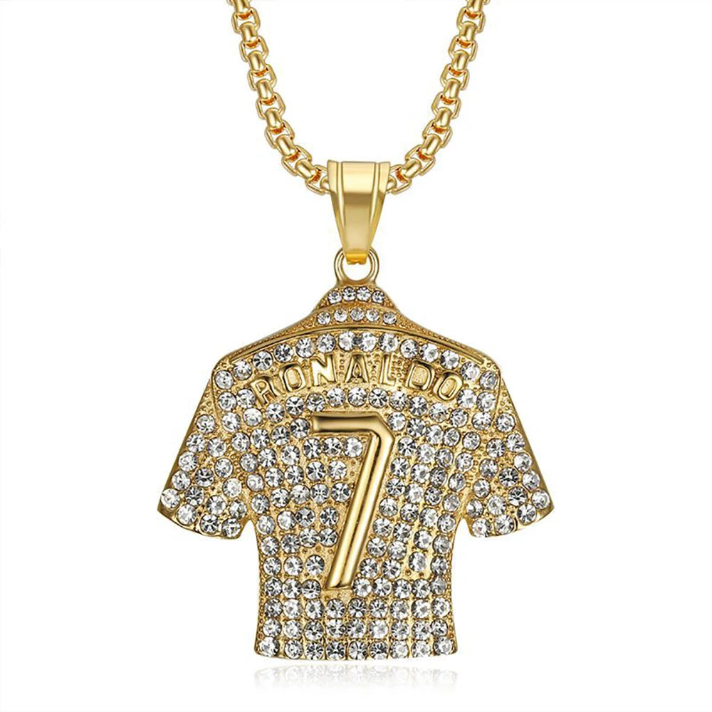 Fashion Football Jersey Messi Cristiano Ronaldo Neymar Mbappé Harland Rhinestone Necklaces + 60cm Gold Chain Men Stainless Steel Soccer Fans Hip Hop Jewelry Accessories