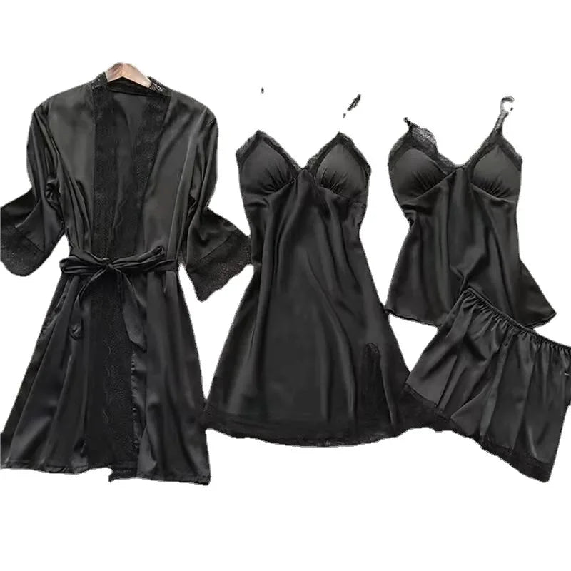 NEW BRANT 4PCS Set S-5XL Plus Size 6 Colors Women's Sleepwear Sexy Silk Ice Fabric Kimono Gown Home Clothes with Chest Pad Thin Material Comfortable Home Wear Ladies Nightgown Sets