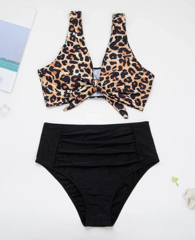 Women Large Size Swimsuit Leopard Patchwork Bikini Set Sexy V Neck Tie-up Swimwear High Waist Push Up Biquini Bathing Suits