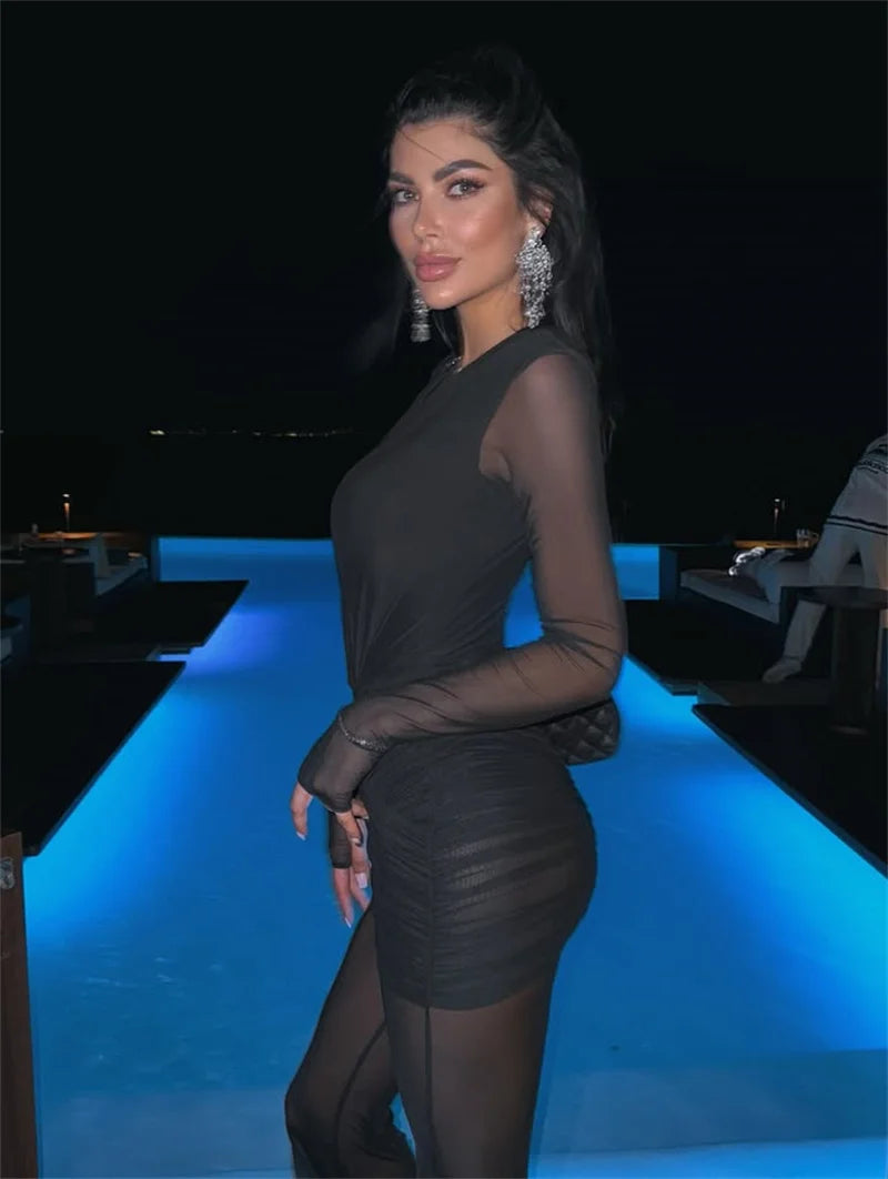 NEW Pink/Black Color UK Size Deep V Neck Long Sleeve Sexy Jumpsuits Women Autumn Winter Patchwork See Through Ruched Club Party Jumpsuit Female Fashion Clothing Supplies