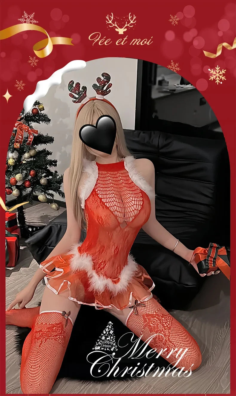 NEW Arrivals Sexy Christmas Uniform Bodysuit See Through Net Dress Plush Role Play Christmas Deer Character Interactive Adult Toy New Year Porn Party Suit