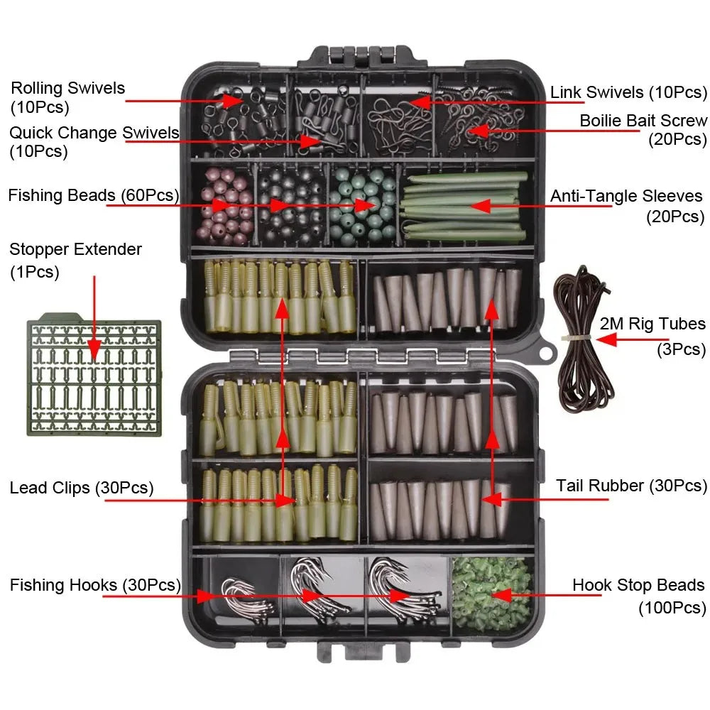 324 PCS Set Case Carp Fishing Accessories Tackle Kit Anti Tangle Sleeves Lead Clips Hooks Swivels Hook Stop Beads Boilie Bait Screw Ocean River Lake Fishing Accessories Tool Sets