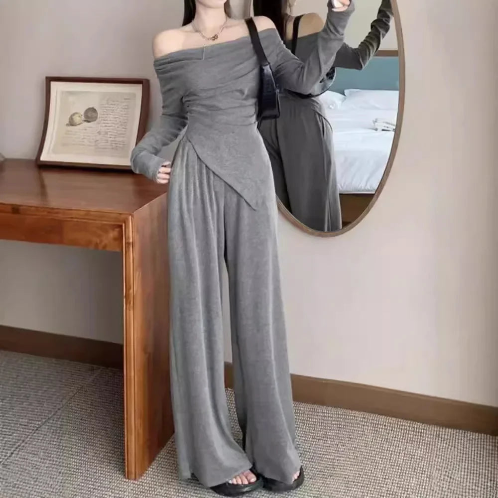 NEW Arrivals 2PCS Set M-2XL Black/Apricot/Gray Color Off-Shoulder Long Sleeve Elegant Suit Slimming Top And Smoothing Bottoms Women's Autumn Bell Pants High-End Feel