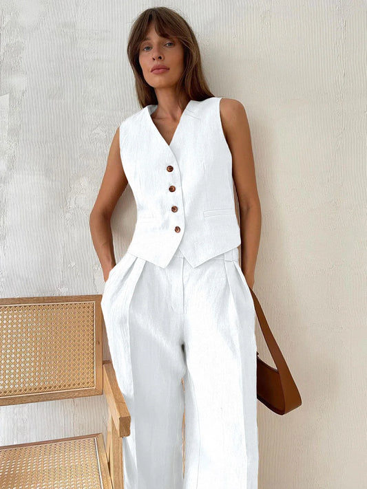 Just Arrived 2 PCS Set 4 Colors UK Size  Women Linen Cotton Chic Vest ＆ Pants Suit  Office Ladies Summer Chic  Women's Outfits