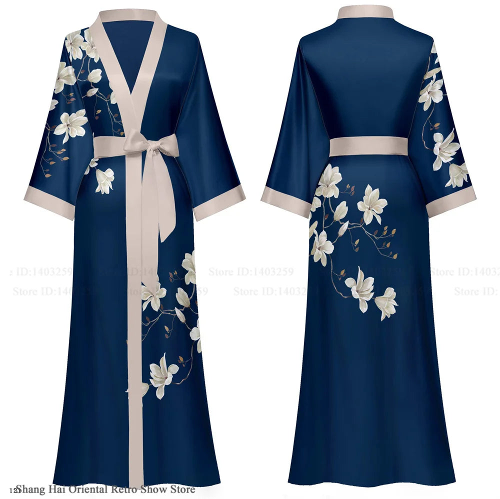 NEW Luxury Japanese Silk Elegant Flower Women Long Robe Loungewear Silky Satin Kimono Bathrobe Gown Spring Autumn New Sleepwear Home Dress Negligee