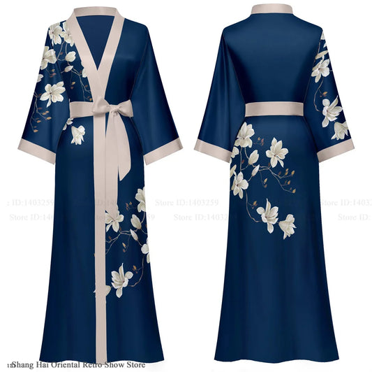 NEW Luxury Japanese Silk Elegant Flower Women Long Robe Loungewear Silky Satin Kimono Bathrobe Gown Spring Autumn New Sleepwear Home Dress Negligee