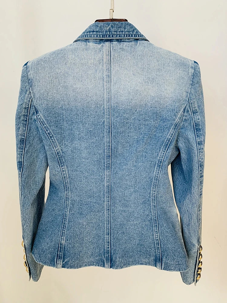 Newest  Designer Jacket Women's Slim Fitting Double Breasted Lion Buttons Denim Blazer
