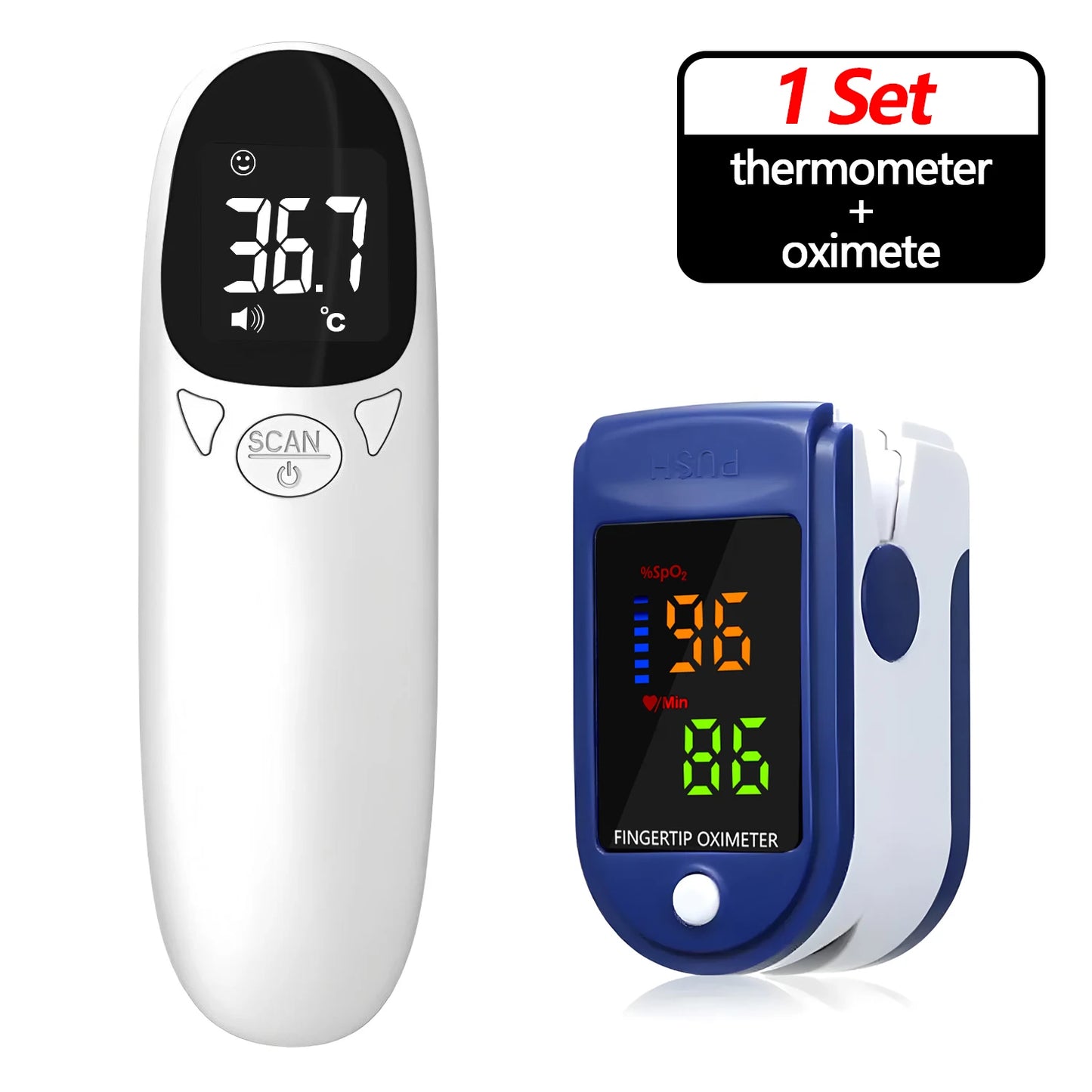 2 PCS Set Medical Infrared Thermometer Digital Non-Contact Body Thermometer for Child Adult Fever Measure Tool Or LED Mini Pulse Oximeter Health Care Supplies